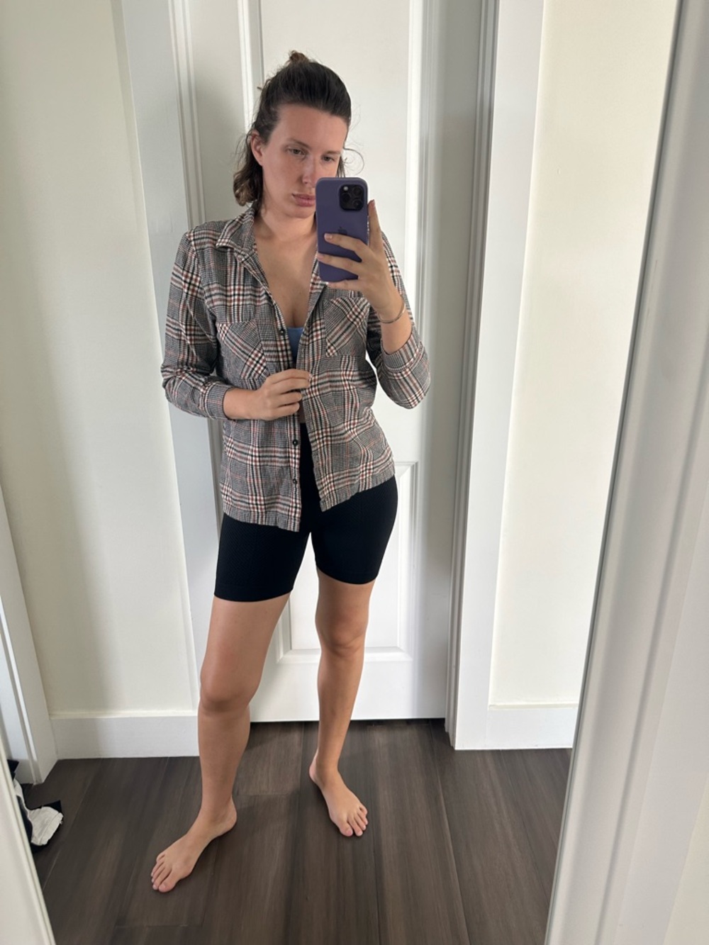 intimissimi Black Ribbed Bike Shorts with Plaid Shirt